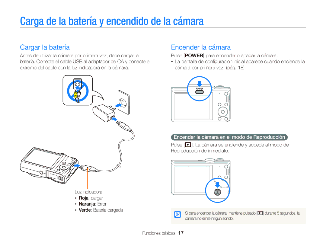 Samsung EC-WB690ZBPBE1 manual Carga de la batería y encendido de la cámara, Cargar la batería, Encender la cámara 