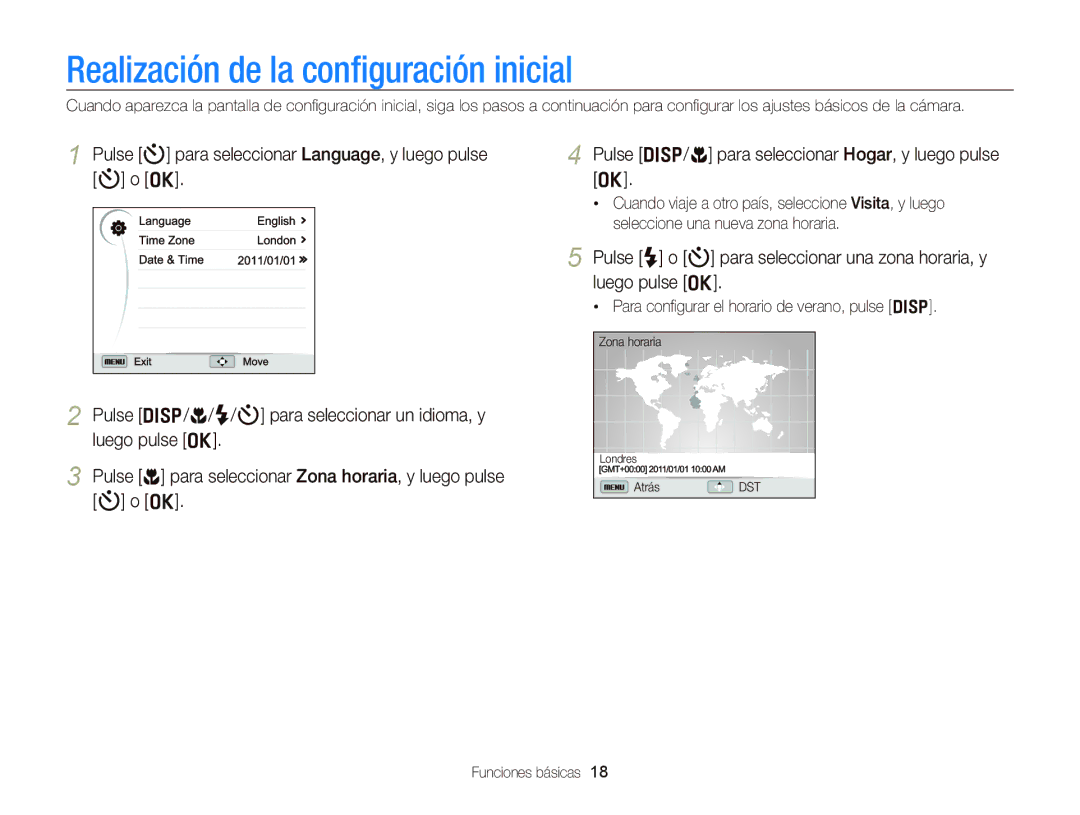 Samsung EC-WB690ZBPBE1 manual Realización de la conﬁguración inicial, Para conﬁgurar el horario de verano, pulse D 