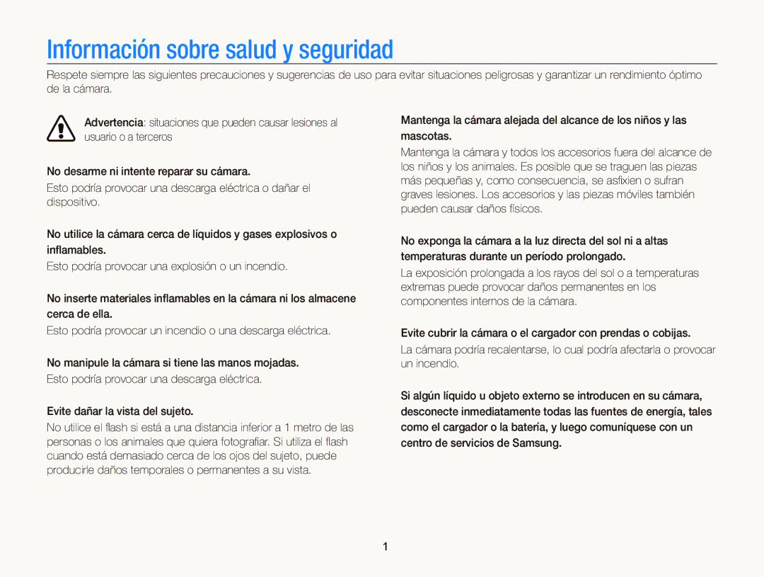 Samsung EC-WB690ZBPBE1 manual Información sobre salud y seguridad, Evite dañar la vista del sujeto 