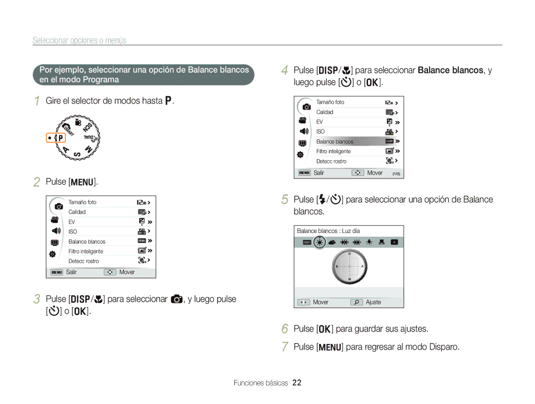 Samsung EC-WB690ZBPBE1 manual Seleccionar opciones o menús, Gire el selector de modos hasta Ò Pulse m 