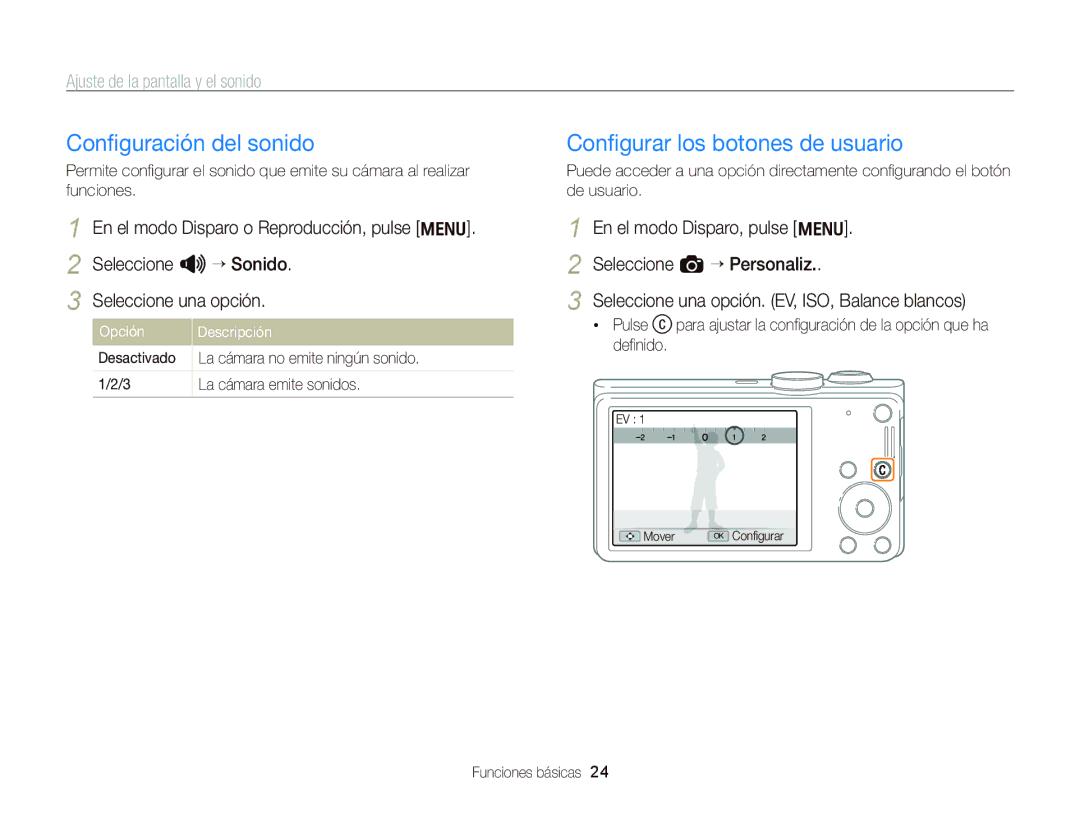 Samsung EC-WB690ZBPBE1 manual Conﬁguración del sonido, Conﬁgurar los botones de usuario, Ajuste de la pantalla y el sonido 