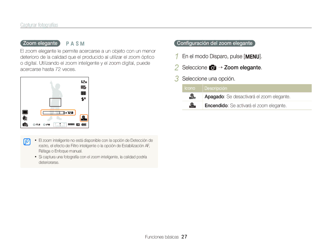 Samsung EC-WB690ZBPBE1 manual En el modo Disparo, pulse m Seleccione a “ Zoom elegante, Zoom elegante Ò a h M 
