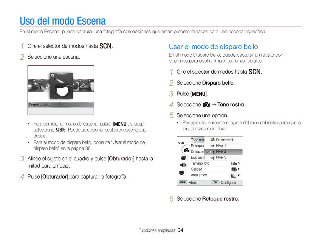 Samsung EC-WB690ZBPBE1 manual Uso del modo Escena, Usar el modo de disparo bello, Seleccione Retoque rostro 