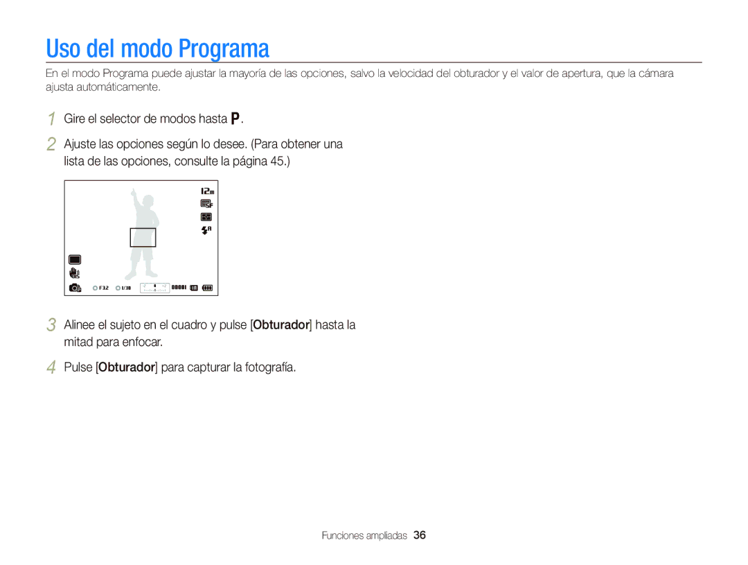 Samsung EC-WB690ZBPBE1 manual Uso del modo Programa, Gire el selector de modos hasta Ò 