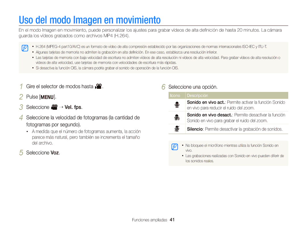 Samsung EC-WB690ZBPBE1 manual Uso del modo Imagen en movimiento, Seleccione Voz Seleccione una opción 