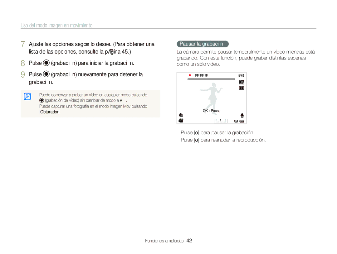 Samsung EC-WB690ZBPBE1 manual Uso del modo Imagen en movimiento, Pulse, Grabación, Pausar la grabación 
