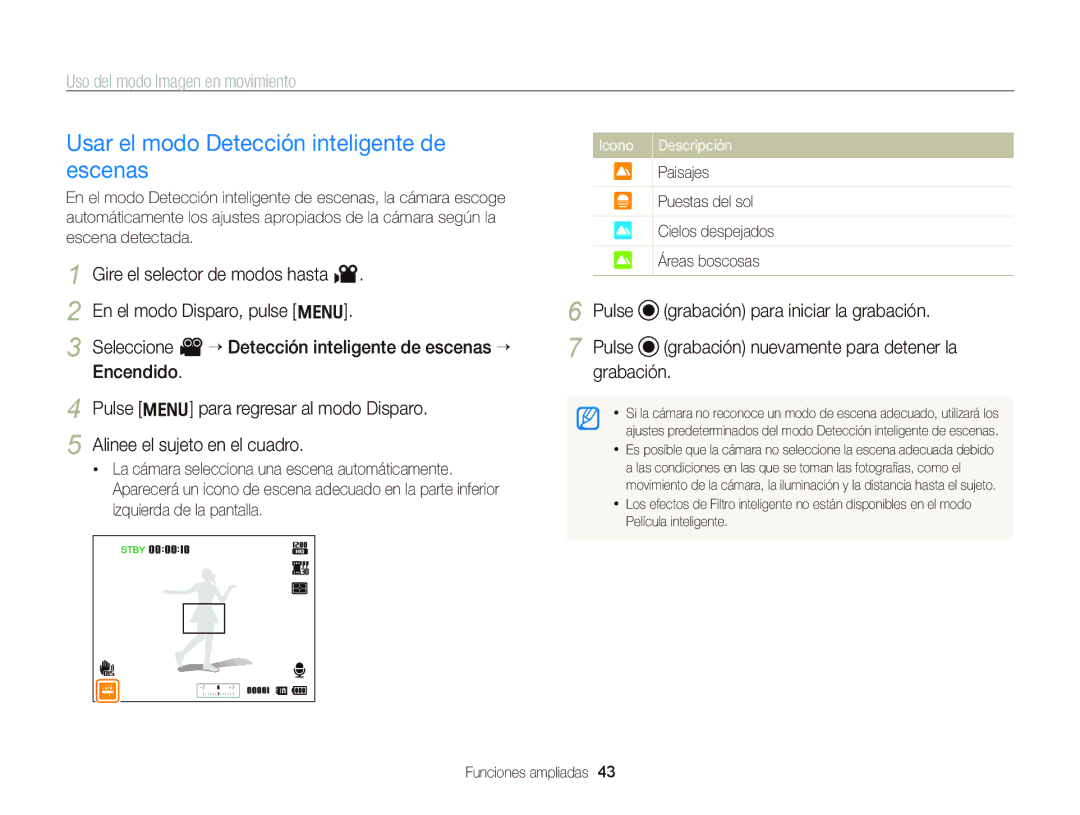 Samsung EC-WB690ZBPBE1 manual Usar el modo Detección inteligente de escenas 