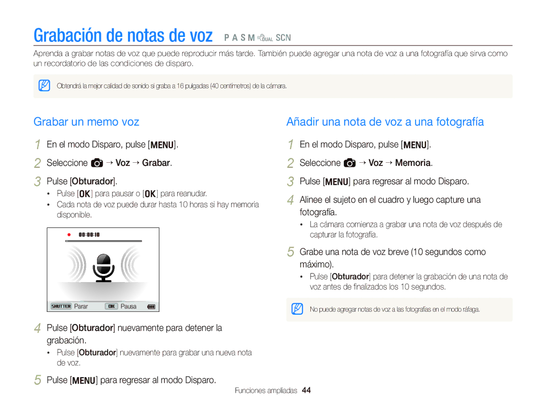 Samsung EC-WB690ZBPBE1 Grabación de notas de voz Ò a h M d s, Grabar un memo voz, Añadir una nota de voz a una fotografía 