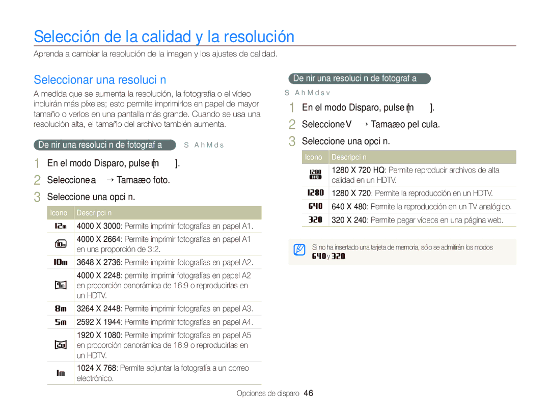 Samsung EC-WB690ZBPBE1 manual Selección de la calidad y la resolución, Seleccionar una resolución, Opciones de disparo 