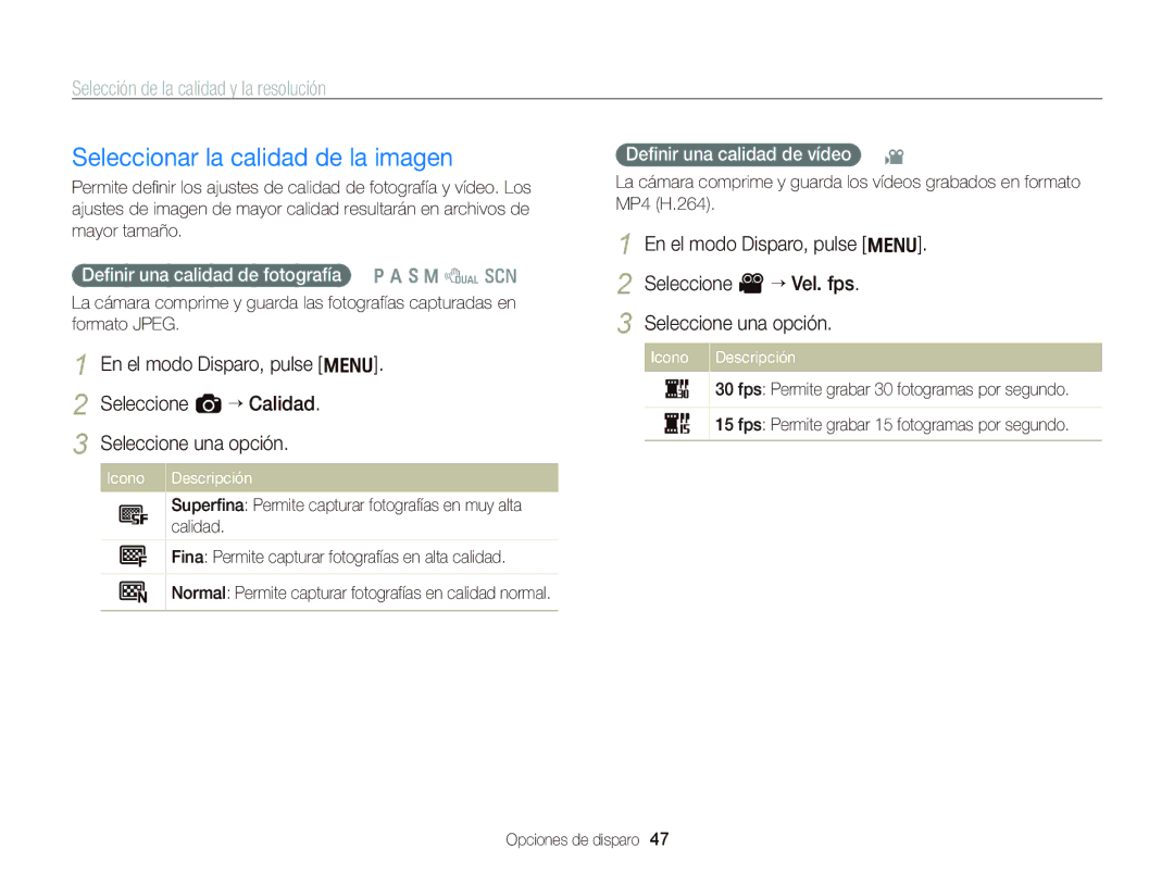 Samsung EC-WB690ZBPBE1 manual Seleccionar la calidad de la imagen, Selección de la calidad y la resolución 