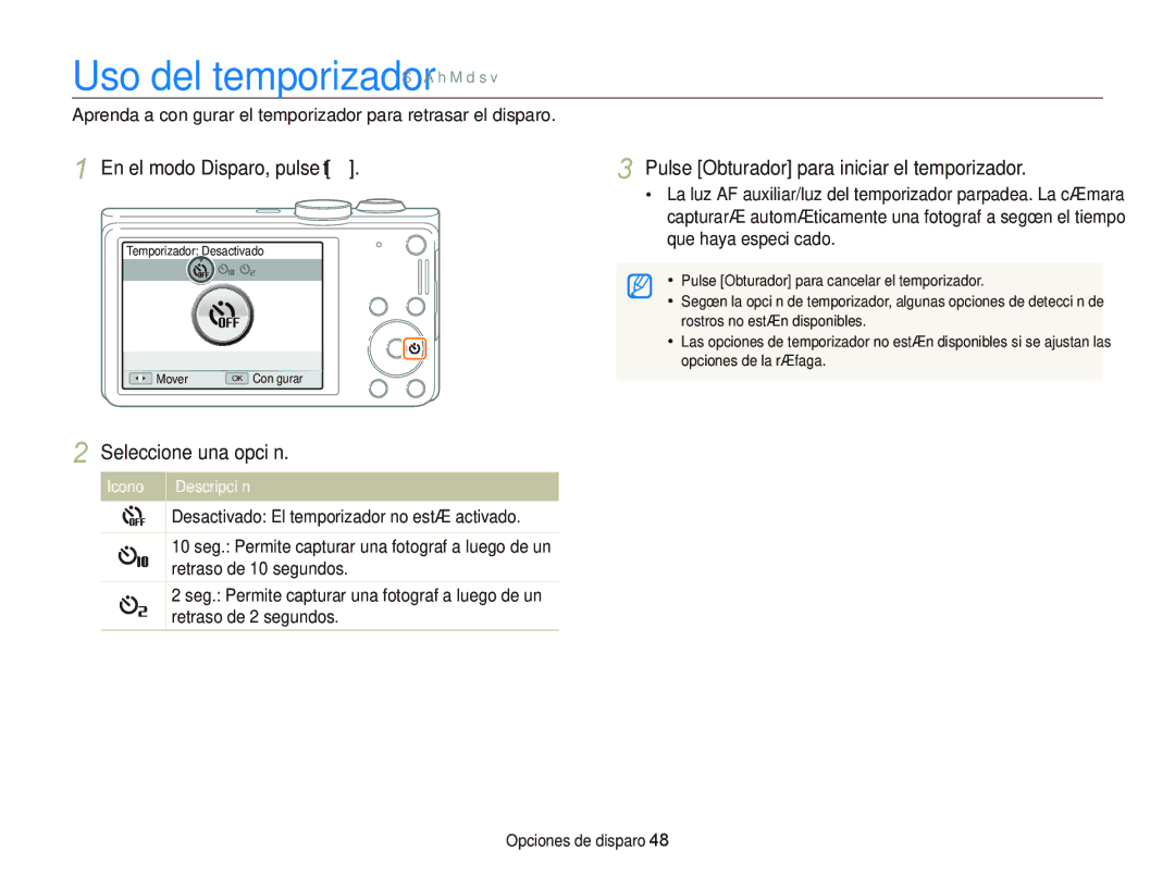 Samsung EC-WB690ZBPBE1 manual Uso del temporizador S Ò a h M d s, En el modo Disparo, pulse t, Icono 