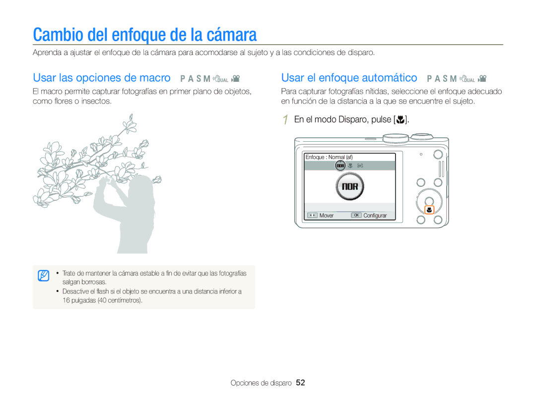 Samsung EC-WB690ZBPBE1 manual Cambio del enfoque de la cámara, En el modo Disparo, pulse c 