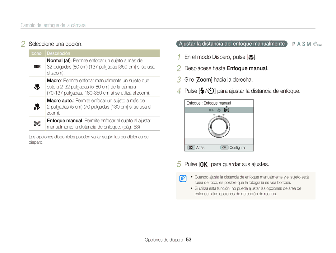 Samsung EC-WB690ZBPBE1 Cambio del enfoque de la cámara, Desplácese hasta Enfoque manual, Gire Zoom hacia la derecha 