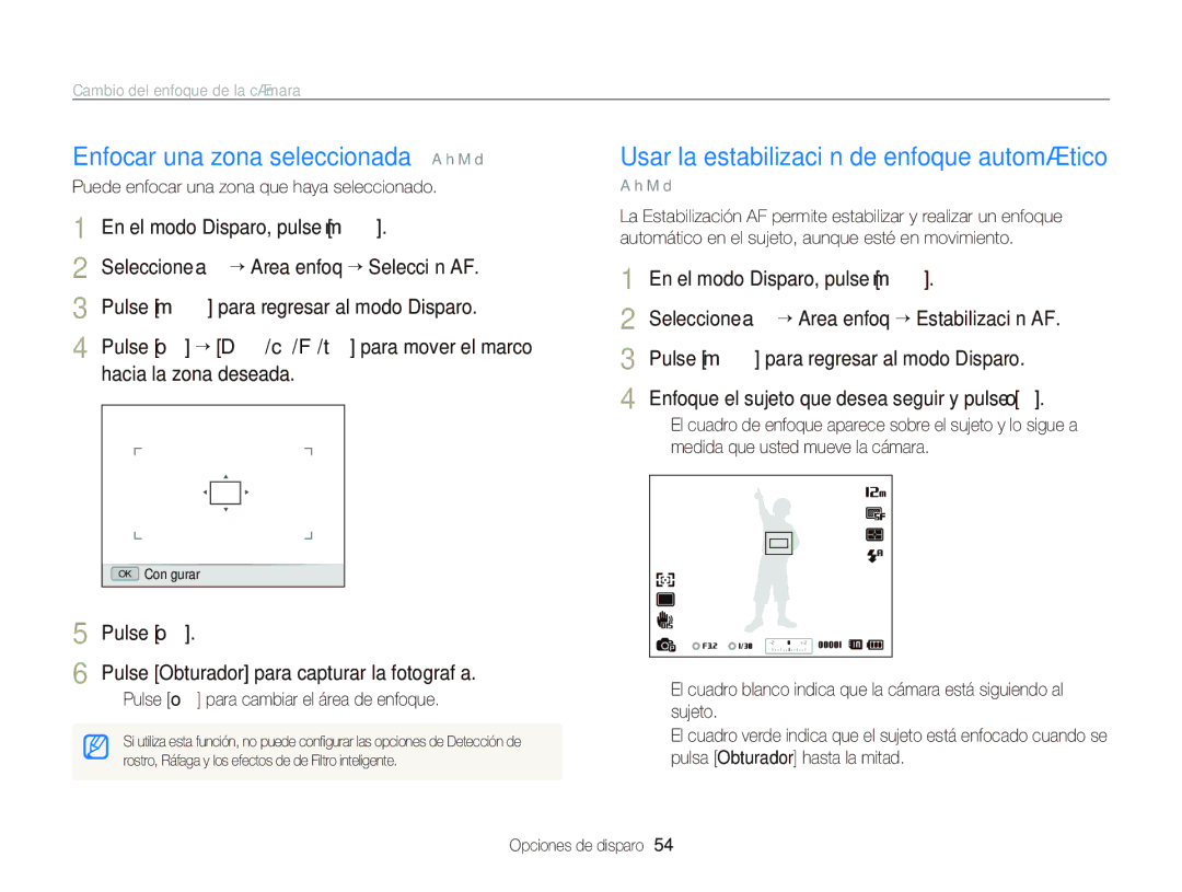 Samsung EC-WB690ZBPBE1 manual Enfocar una zona seleccionada Ò a h M d, Usar la estabilización de enfoque automático 