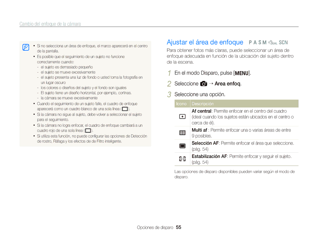 Samsung EC-WB690ZBPBE1 manual Ajustar el área de enfoque Ò a h M d s 