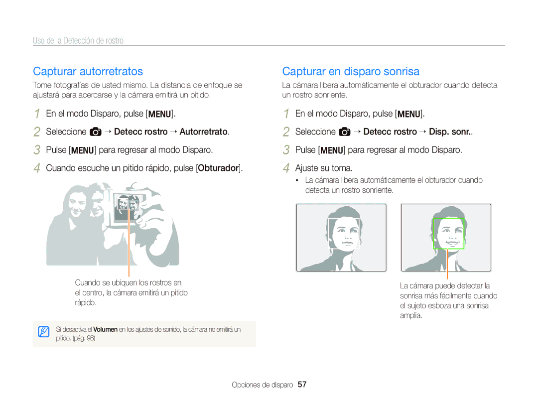 Samsung EC-WB690ZBPBE1 Capturar autorretratos, Capturar en disparo sonrisa, Uso de la Detección de rostro, Ajuste su toma 