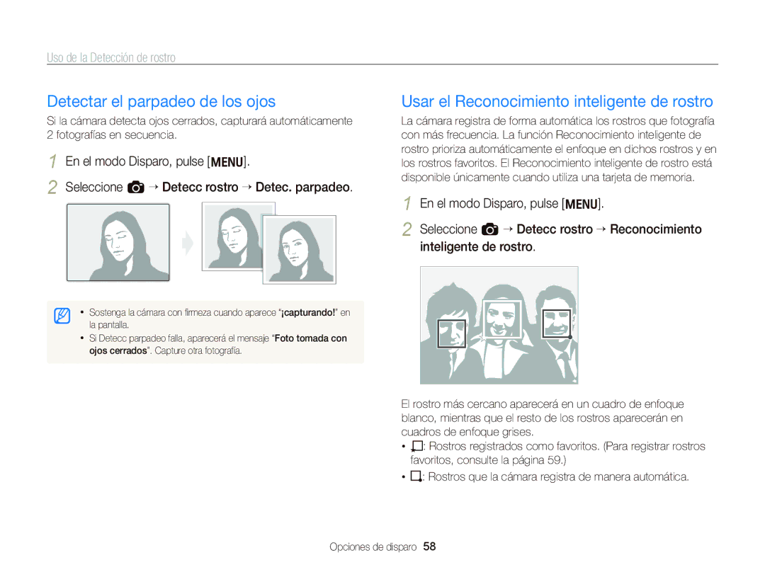 Samsung EC-WB690ZBPBE1 manual Detectar el parpadeo de los ojos, Usar el Reconocimiento inteligente de rostro 