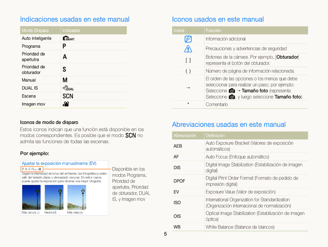 Samsung EC-WB690ZBPBE1 Indicaciones usadas en este manual, Iconos usados en este manual 