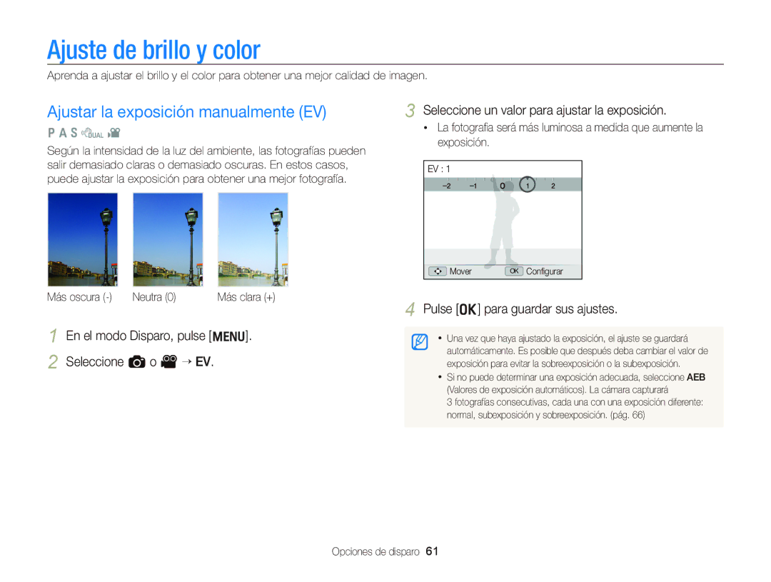 Samsung EC-WB690ZBPBE1 Ajuste de brillo y color, Ajustar la exposición manualmente EV, Más oscura Neutra 