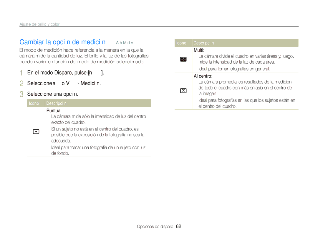 Samsung EC-WB690ZBPBE1 Cambiar la opción de medición Ò a h M d, Ajuste de brillo y color, Seleccione a o V “ Medición 