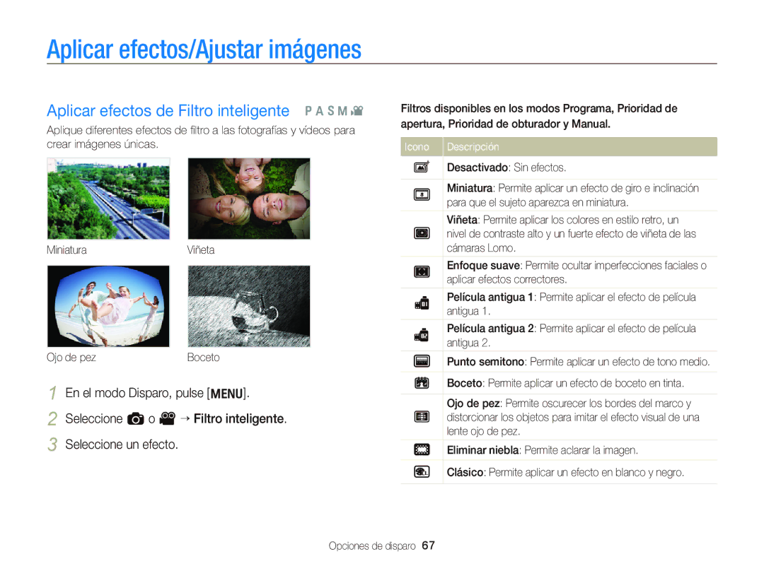 Samsung EC-WB690ZBPBE1 manual Aplicar efectos/Ajustar imágenes, Aplicar efectos de Filtro inteligente Ò a h M 