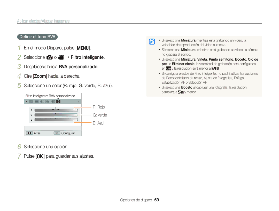 Samsung EC-WB690ZBPBE1 manual Deﬁnir el tono RVA, Rojo Verde Azul, Pulse o para guardar sus ajustes 