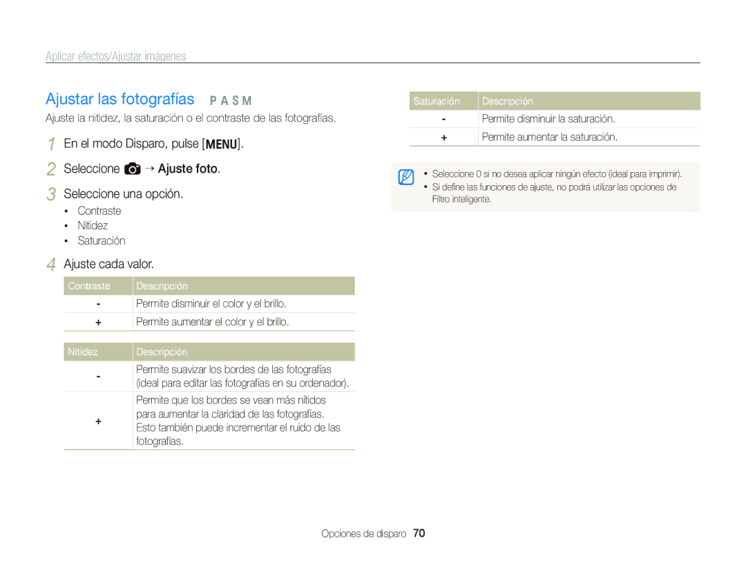Samsung EC-WB690ZBPBE1 manual Ajustar las fotografías Ò a h M, Ajuste cada valor, Contraste Nitidez Saturación 