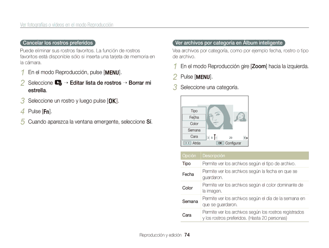 Samsung EC-WB690ZBPBE1 manual Cancelar los rostros preferidos, Ver archivos por categoría en Álbum inteligente 