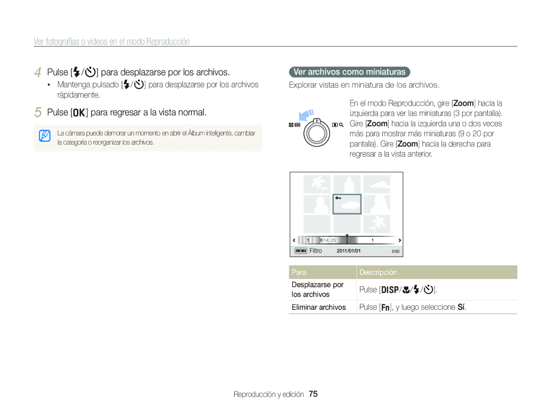 Samsung EC-WB690ZBPBE1 manual Pulse o para regresar a la vista normal, Ver archivos como miniaturas, Para Descripción 