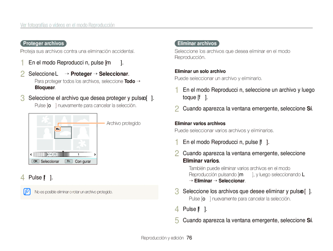 Samsung EC-WB690ZBPBE1 manual Seleccione el archivo que desea proteger y pulse o, Proteger archivos, Eliminar archivos 
