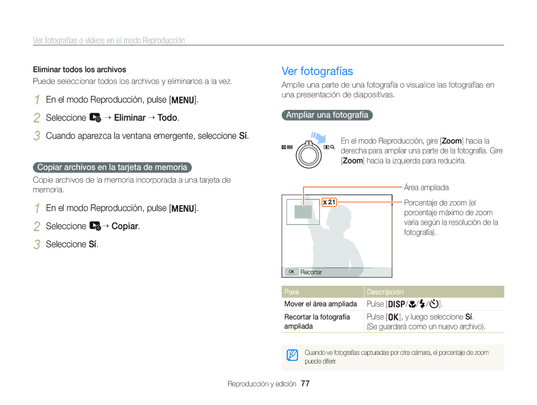 Samsung EC-WB690ZBPBE1 Ver fotografías, Copiar archivos en la tarjeta de memoria, Ampliar una fotografía, Área ampliada 