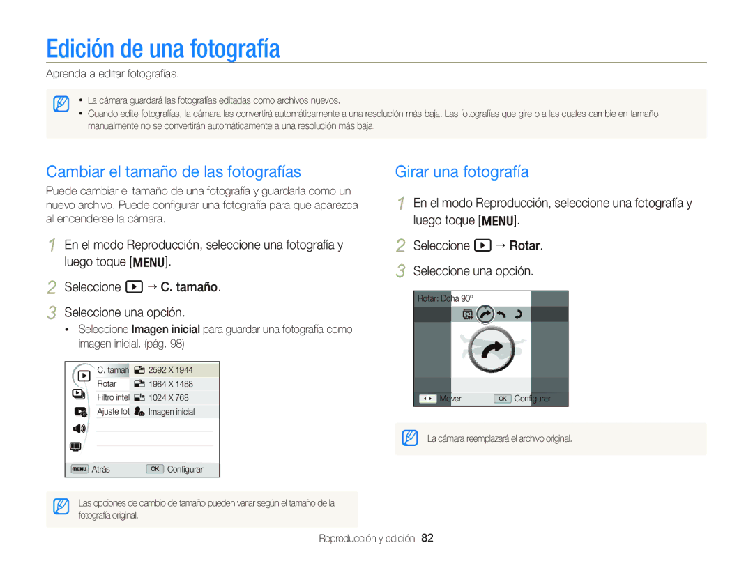 Samsung EC-WB690ZBPBE1 manual Edición de una fotografía, Girar una fotografía, Luego toque m, Aprenda a editar fotografías 