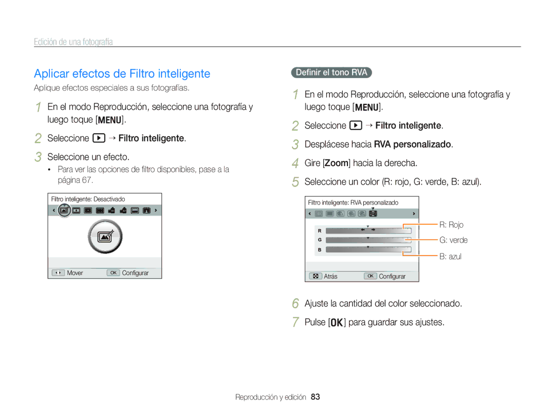 Samsung EC-WB690ZBPBE1 manual Aplicar efectos de Filtro inteligente, Edición de una fotografía, Deﬁnir el tono RVA 