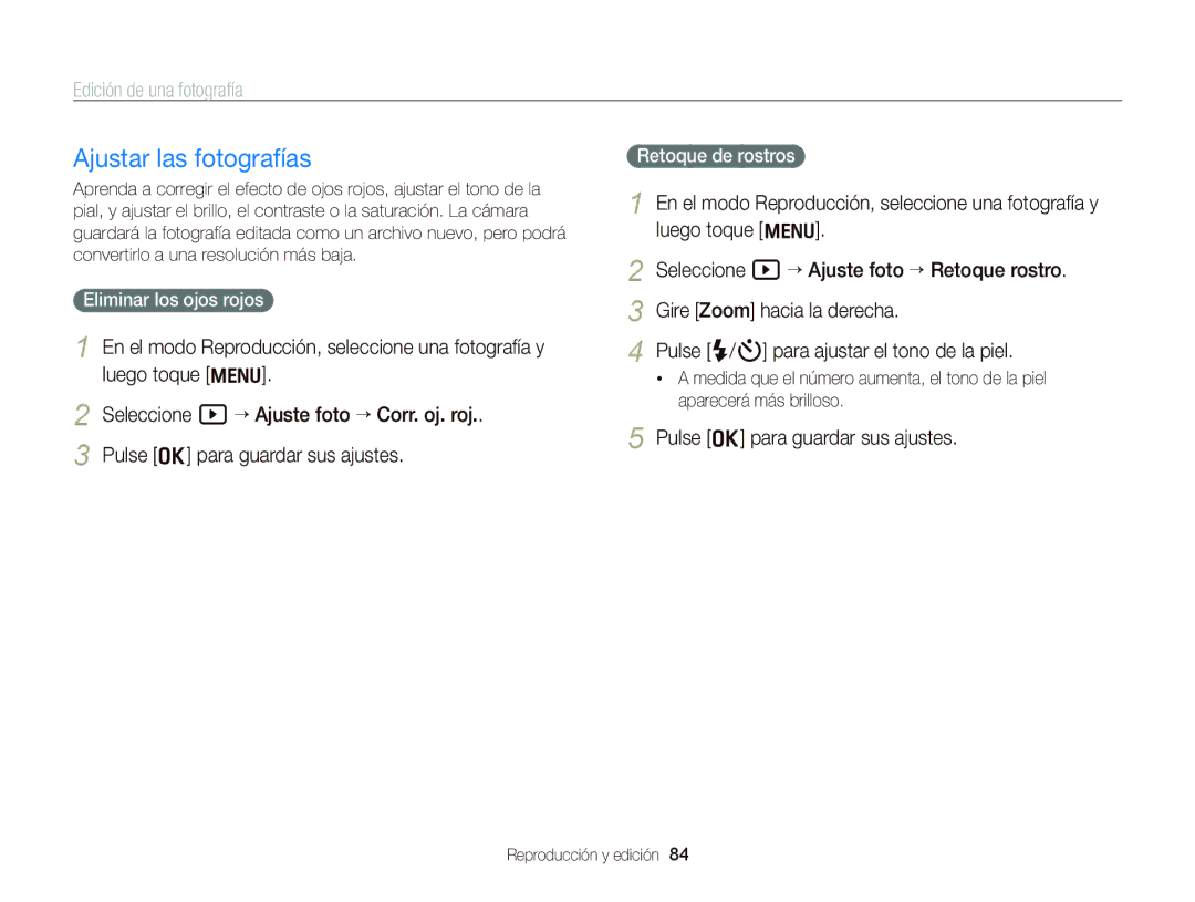 Samsung EC-WB690ZBPBE1 manual Ajustar las fotografías, Eliminar los ojos rojos, Retoque de rostros 
