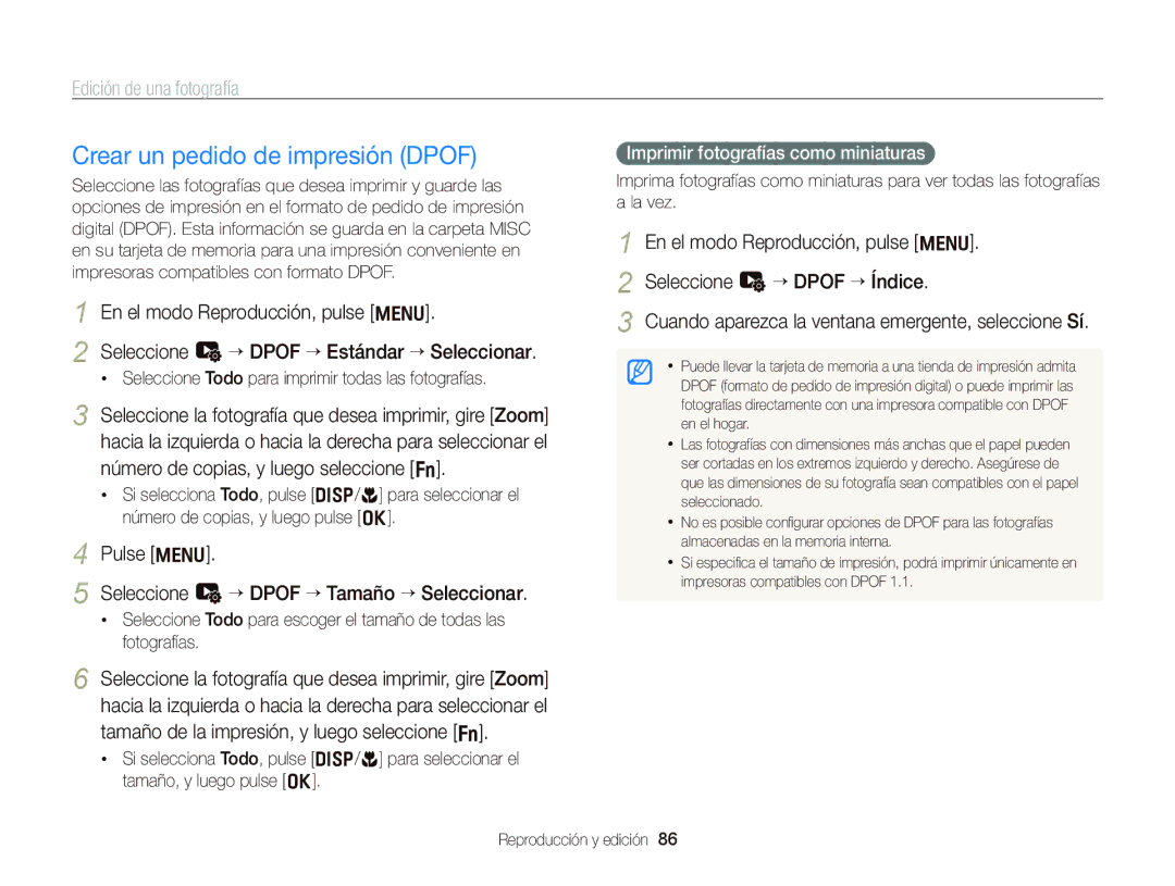 Samsung EC-WB690ZBPBE1 manual Crear un pedido de impresión Dpof, Pulse m Seleccione L “ Dpof “ Tamaño “ Seleccionar 