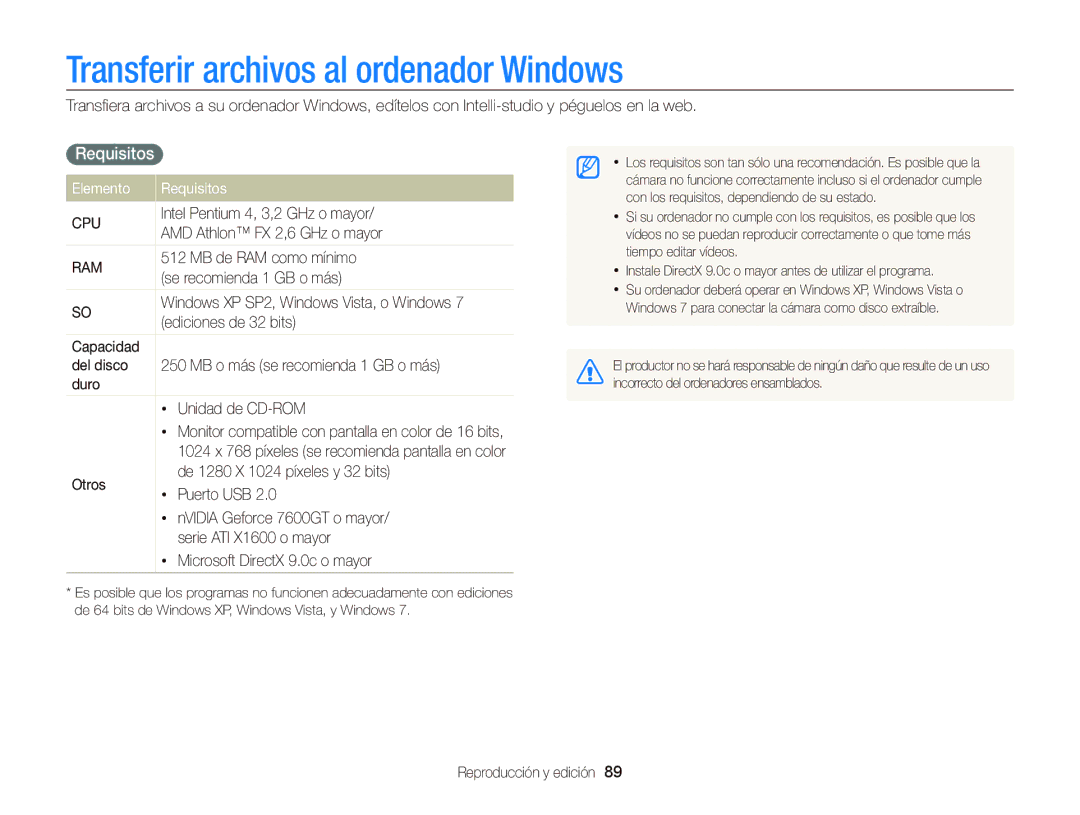 Samsung EC-WB690ZBPBE1 manual Transferir archivos al ordenador Windows, Elemento Requisitos 