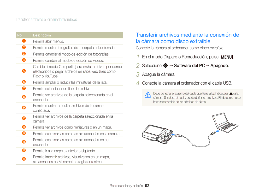 Samsung EC-WB690ZBPBE1 manual Conecte la cámara al ordenador como disco extraíble 