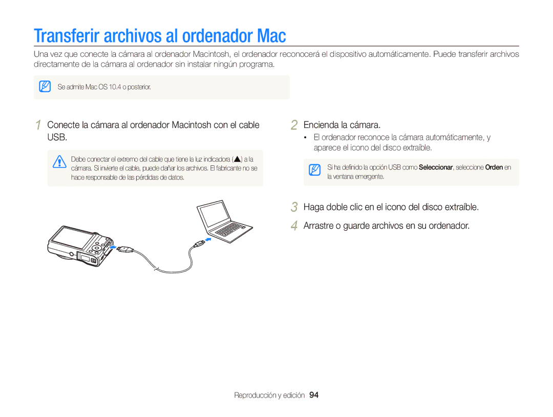 Samsung EC-WB690ZBPBE1 Transferir archivos al ordenador Mac, Conecte la cámara al ordenador Macintosh con el cable USB 