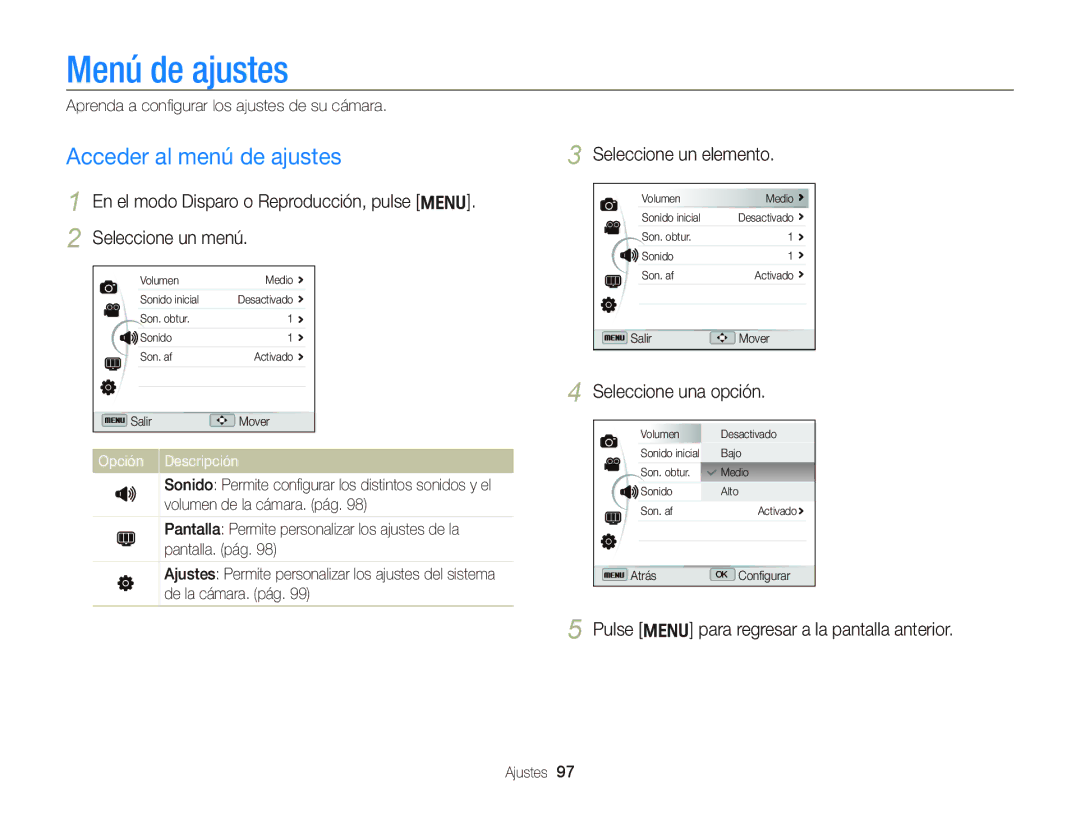 Samsung EC-WB690ZBPBE1 manual Menú de ajustes, Acceder al menú de ajustes, En el modo Disparo o Reproducción, pulse m 