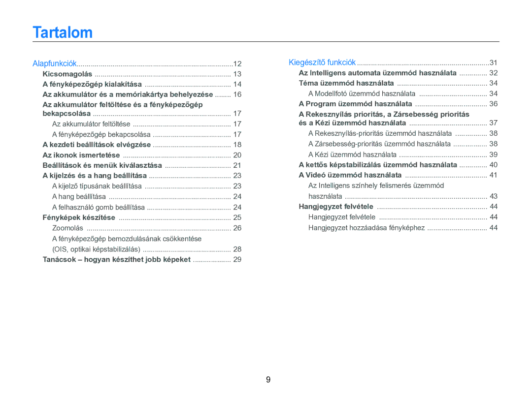 Samsung EC-WB690ZBPBE2 manual Tartalom, Fényképezőgép bekapcsolása 