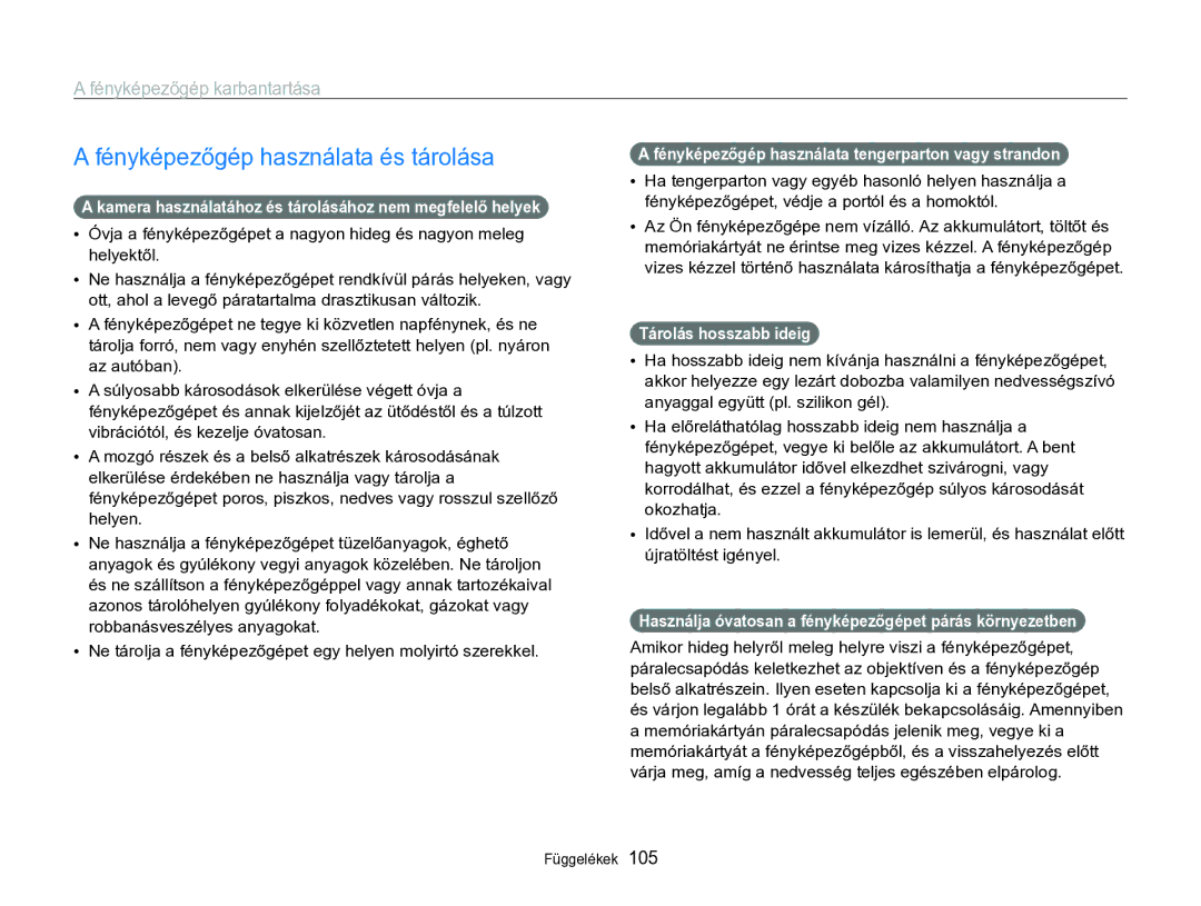 Samsung EC-WB690ZBPBE2 manual Fényképezőgép használata és tárolása, Fényképezőgép karbantartása 