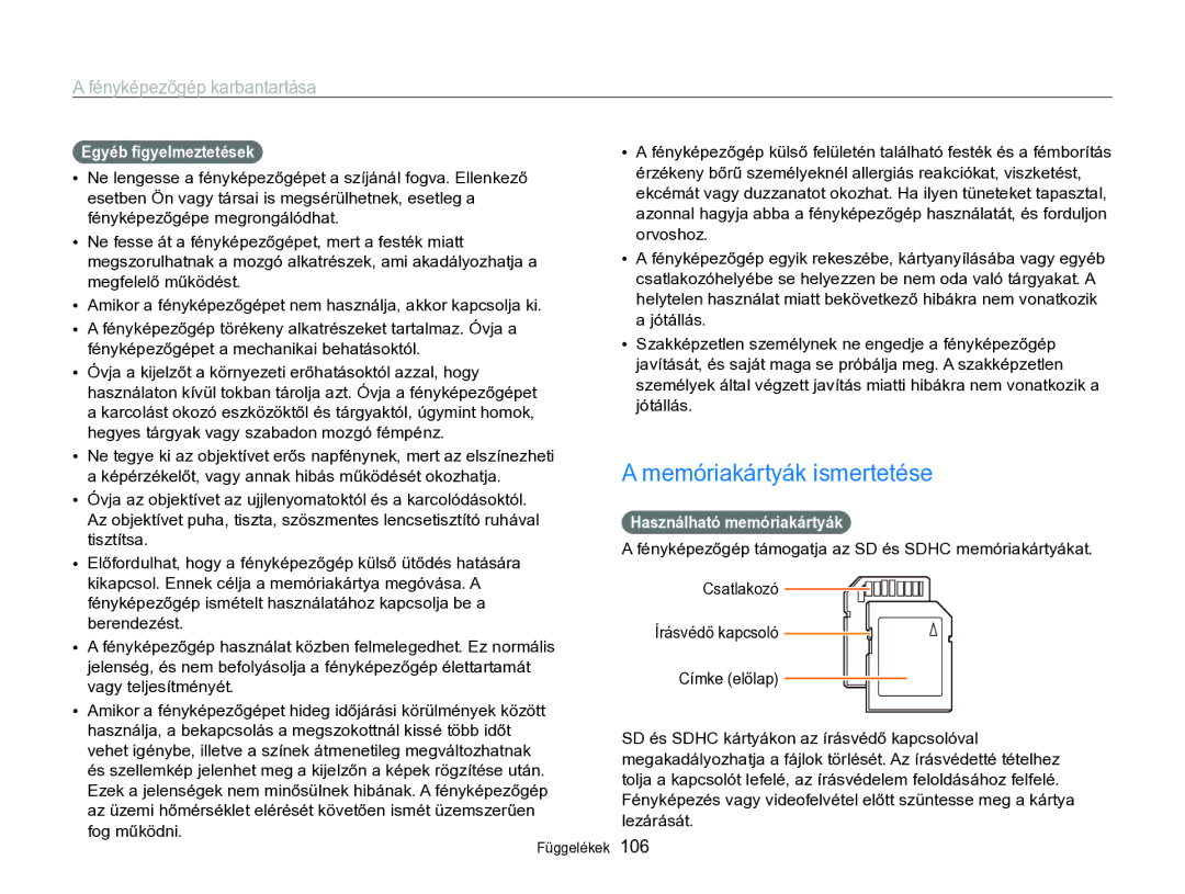 Samsung EC-WB690ZBPBE2 manual Memóriakártyák ismertetése, Egyéb ﬁgyelmeztetések, Használható memóriakártyák 