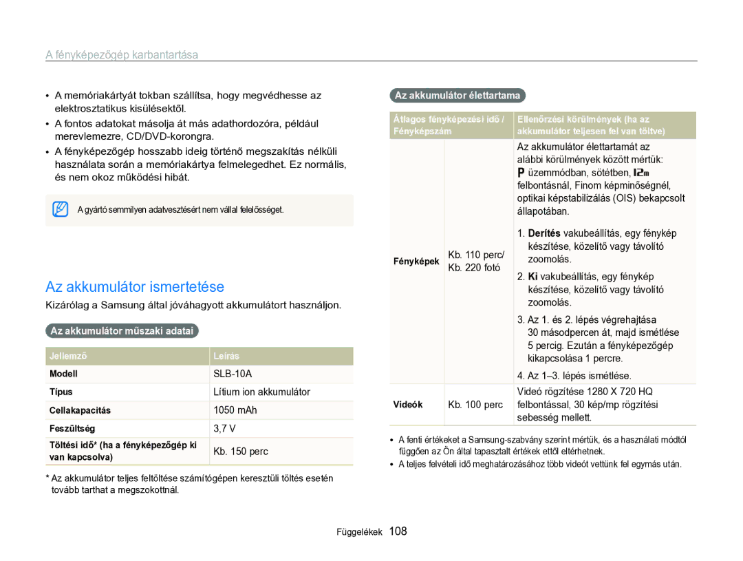 Samsung EC-WB690ZBPBE2 manual Az akkumulátor ismertetése, Az akkumulátor műszaki adatai, Az akkumulátor élettartama 