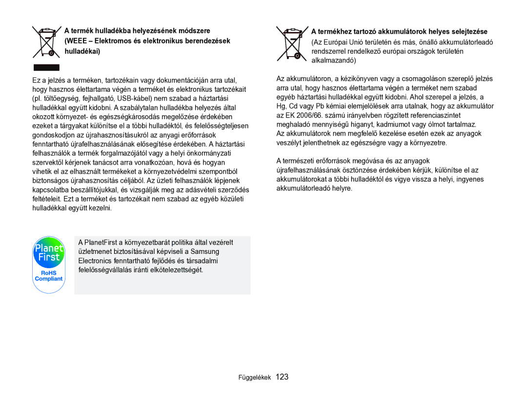 Samsung EC-WB690ZBPBE2 manual Termékhez tartozó akkumulátorok helyes selejtezése 