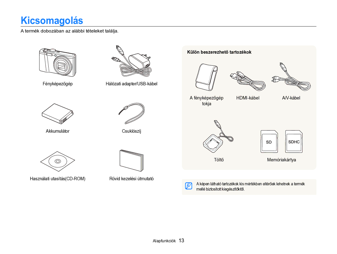 Samsung EC-WB690ZBPBE2 manual Kicsomagolás, Külön beszerezhető tartozékok 