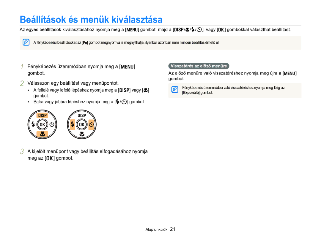 Samsung EC-WB690ZBPBE2 manual Beállítások és menük kiválasztása, Visszatérés az előző menüre 