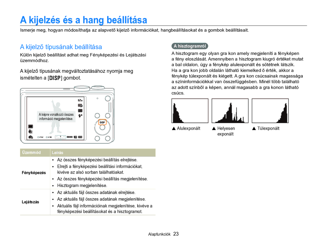 Samsung EC-WB690ZBPBE2 manual Kijelzés és a hang beállítása, Exponált, Lejátszás 