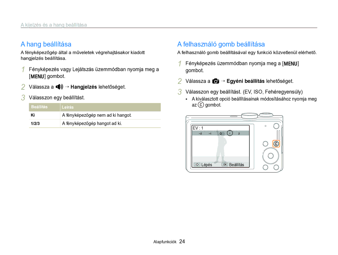 Samsung EC-WB690ZBPBE2 manual Hang beállítása, Felhasználó gomb beállítása, Kijelzés és a hang beállítása 