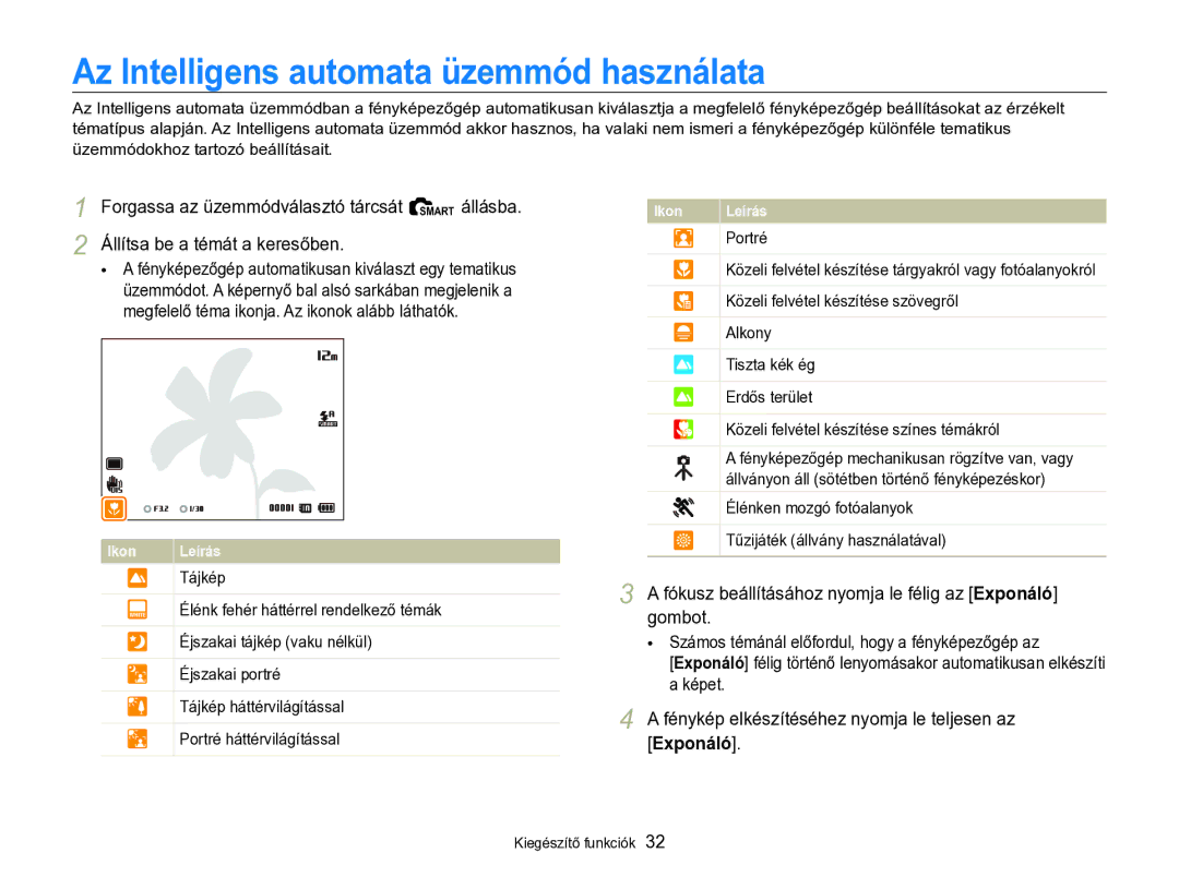 Samsung EC-WB690ZBPBE2 Az Intelligens automata üzemmód használata, Fénykép elkészítéséhez nyomja le teljesen az Exponáló 