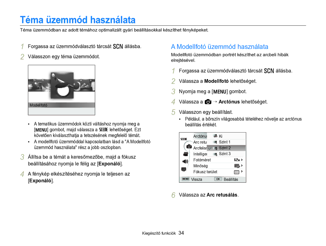 Samsung EC-WB690ZBPBE2 manual Téma üzemmód használata, Modellfotó üzemmód használata, Válassza az Arc retusálás 